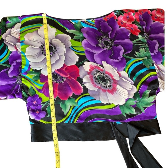 100% Silk Caché Kimono Blouse Bright Colorful Floral Pattern Side Tie Sz Small - Picture 6 of 9